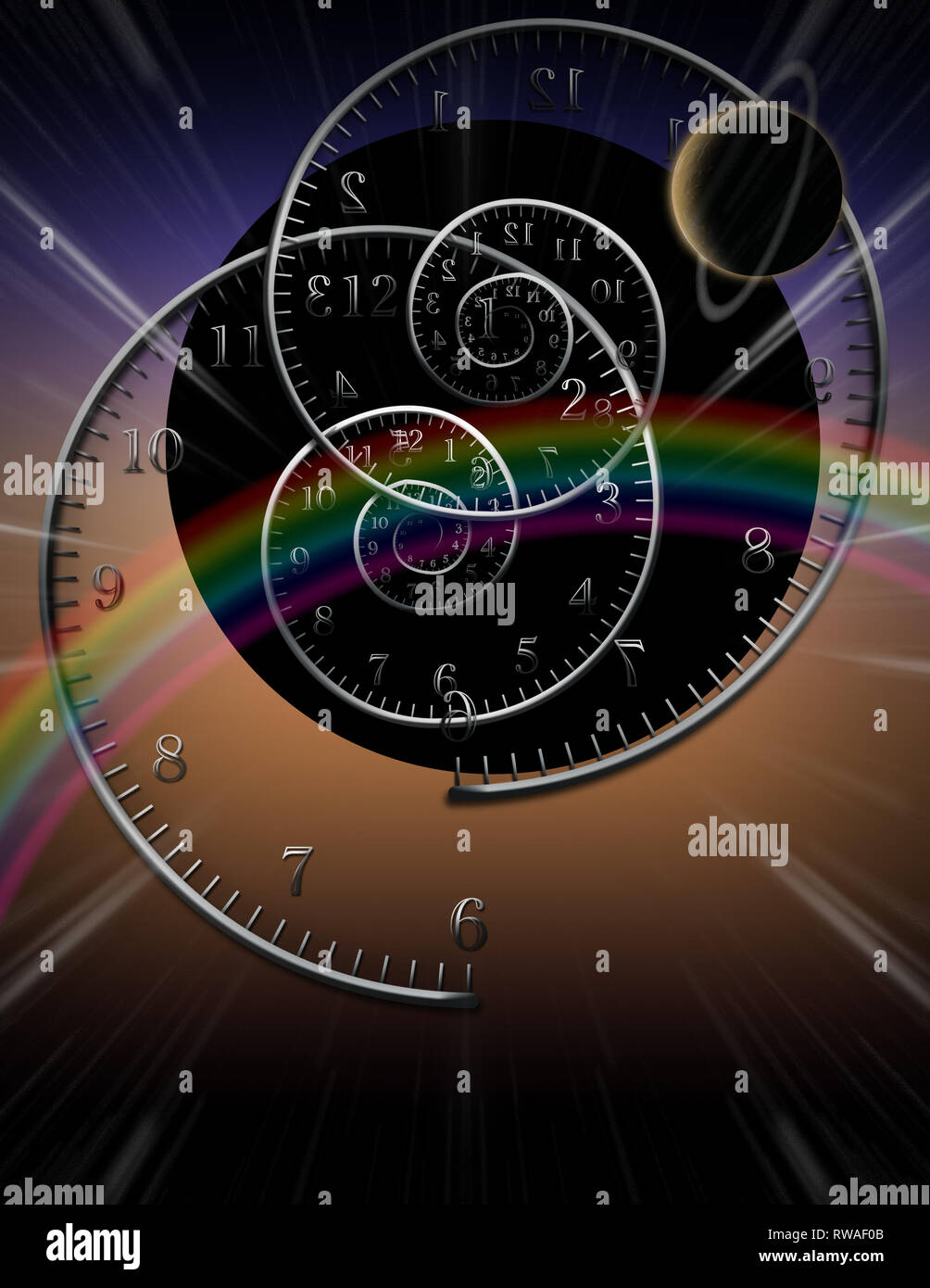 Spiral clocks in space. The myth of time Stock Photo Alamy