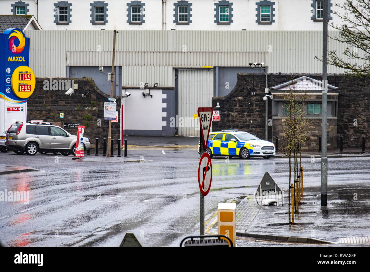 ENNISKILLEN, ULSTER / NORTHERN IRELAND MARCH 03 2019 The police station is protected by a