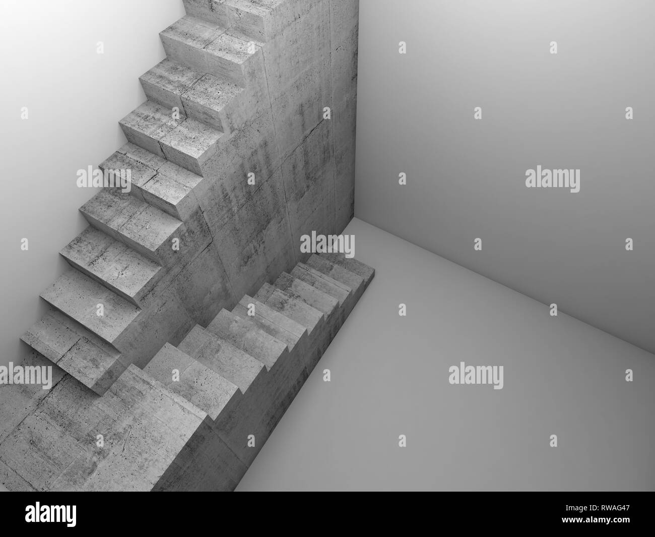 Concrete stairway installation in white room, abstract architectural background, 3d render illustration Stock Photo