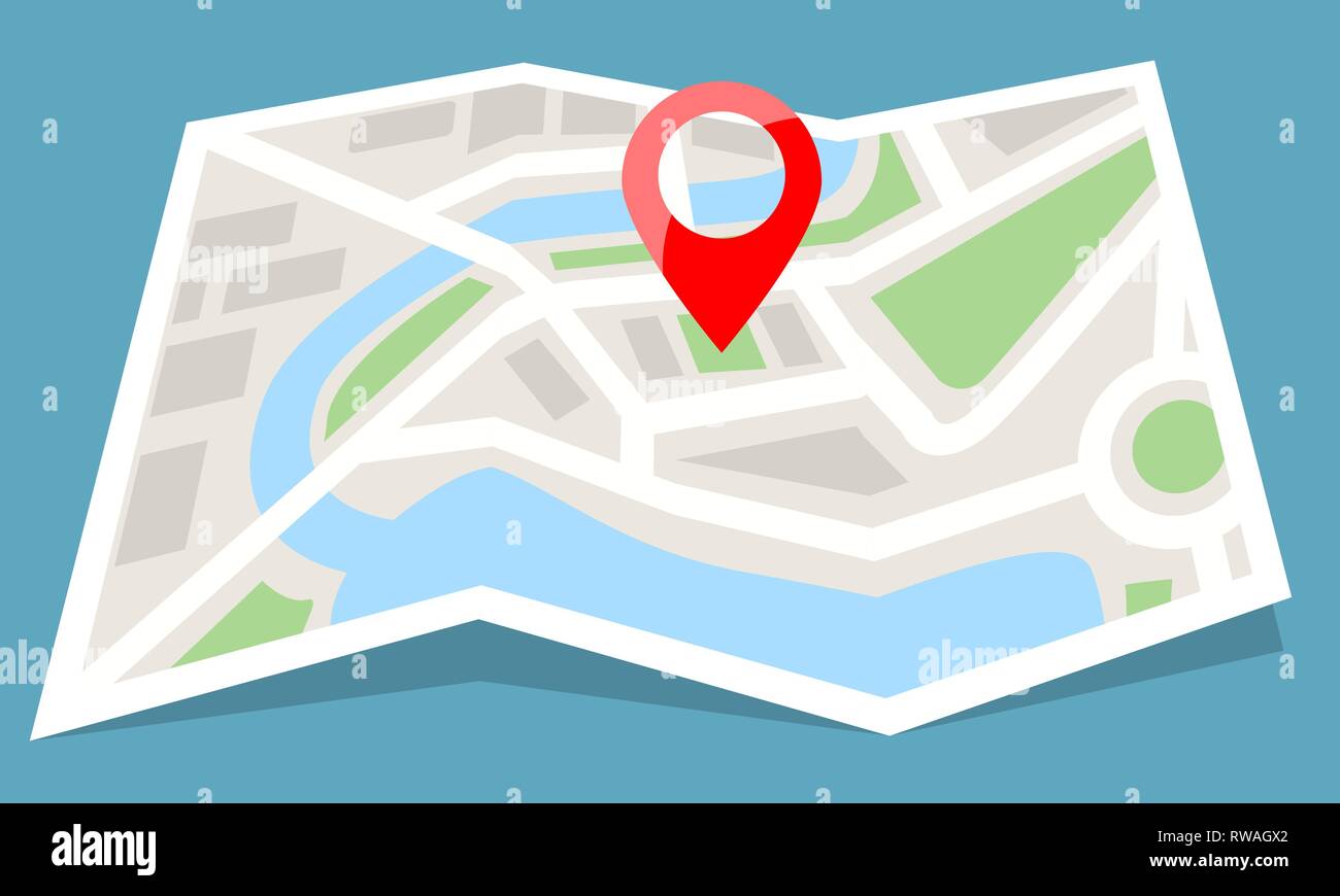 Folded map paper with red pin icon. Flat color style vector ...