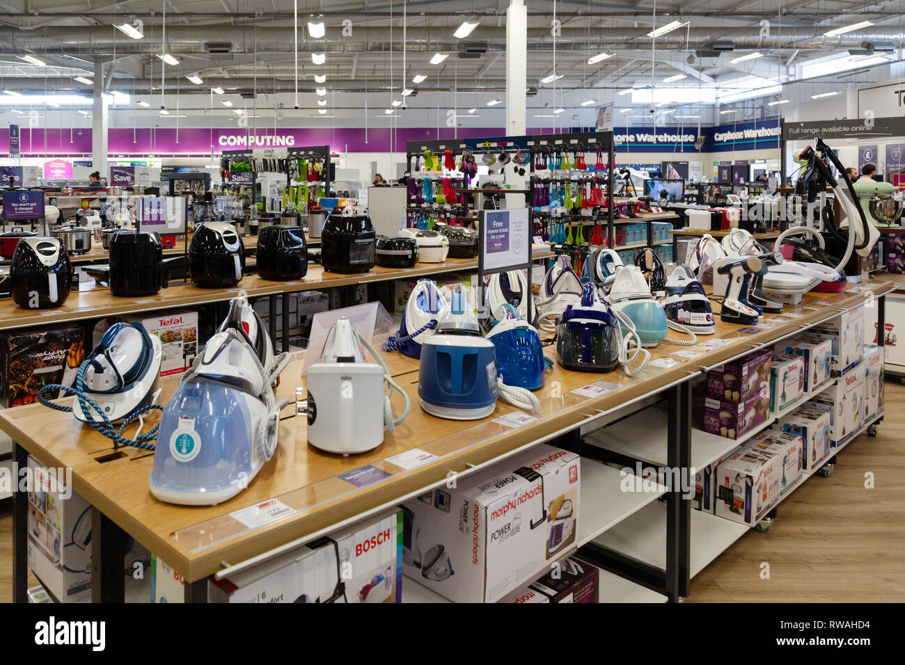 Currys PC world store, interior, selling kitchenware and kettles, Cambridge UK Stock Photo