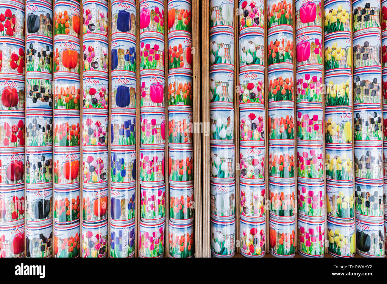 A colourful display of Dutch tulip bulb boxes in Amsterdam, The Netherlands  Stock Photo - Alamy