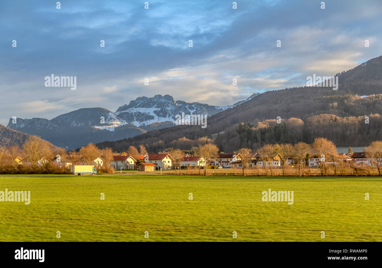 rural alpine scenery at evening time in Bavaria, Southern Germany Stock Photo