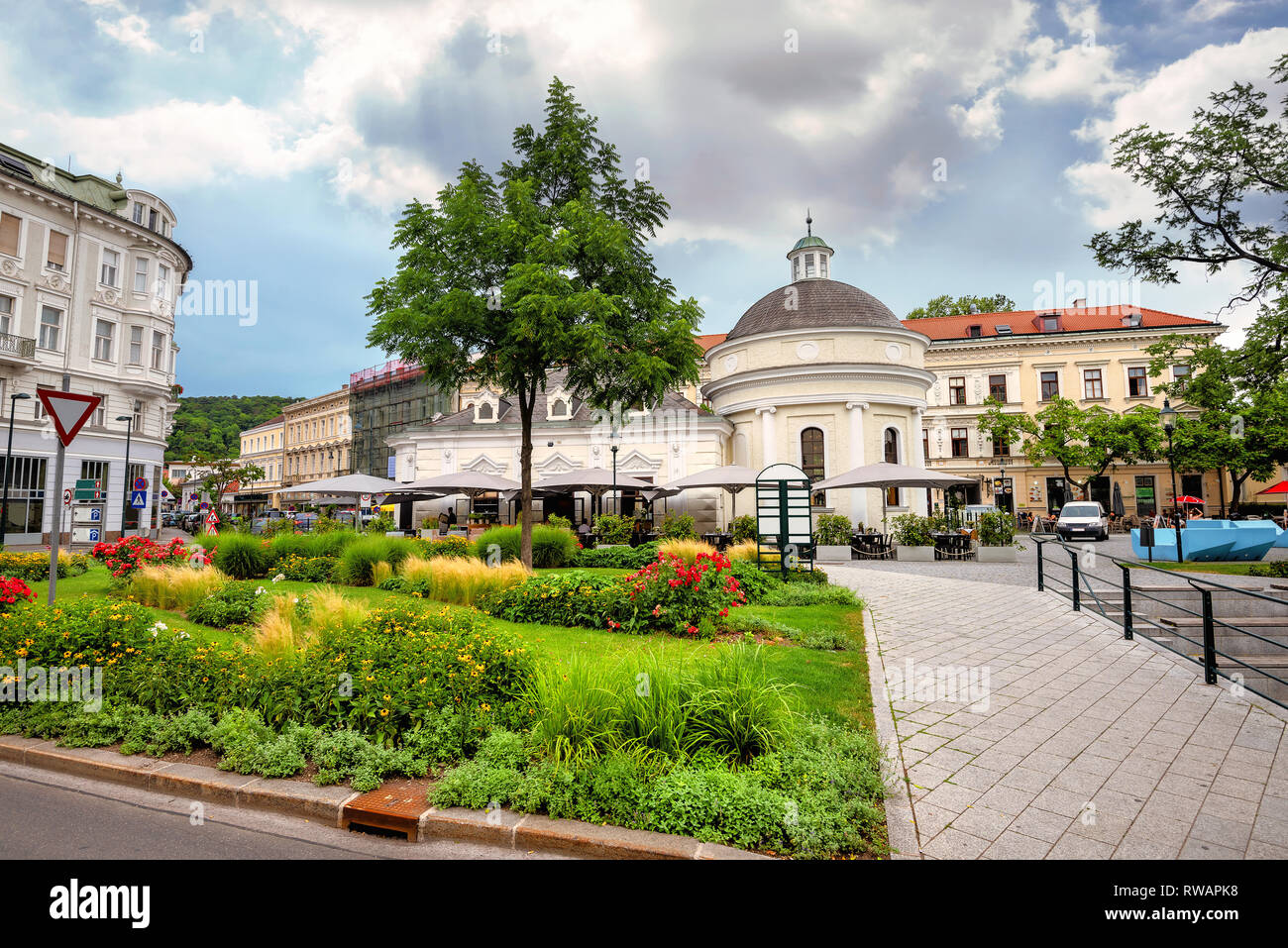 Cityscape with beautiful houses on central square in resort town of