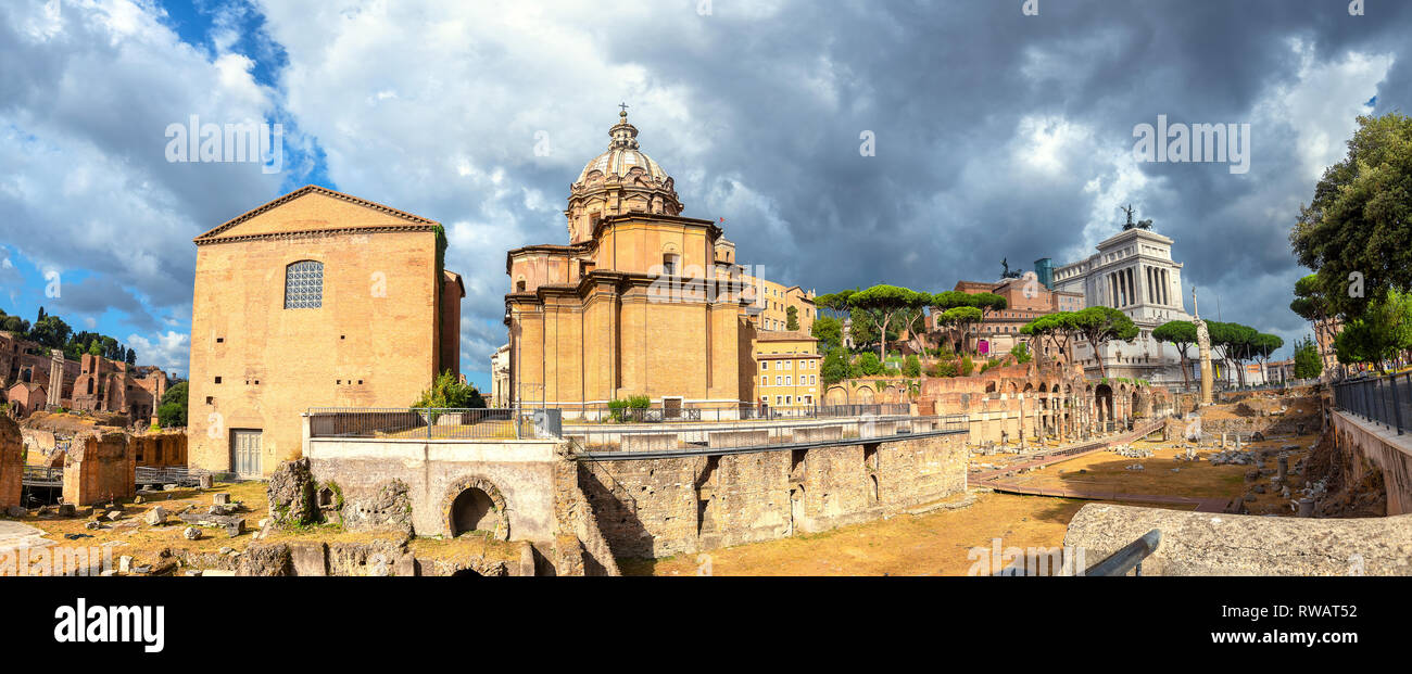 Panoramic landscape with ancient ruins of Roman Forum in Rome. Italy Stock Photo