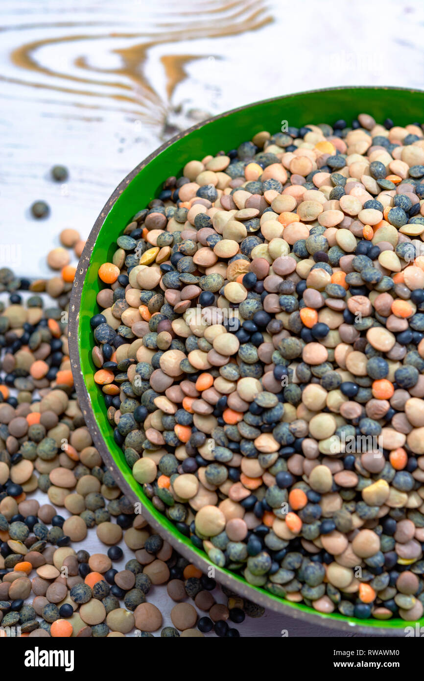 Colorful mix of lentils legumes ready for cooking, tasty vegetarian