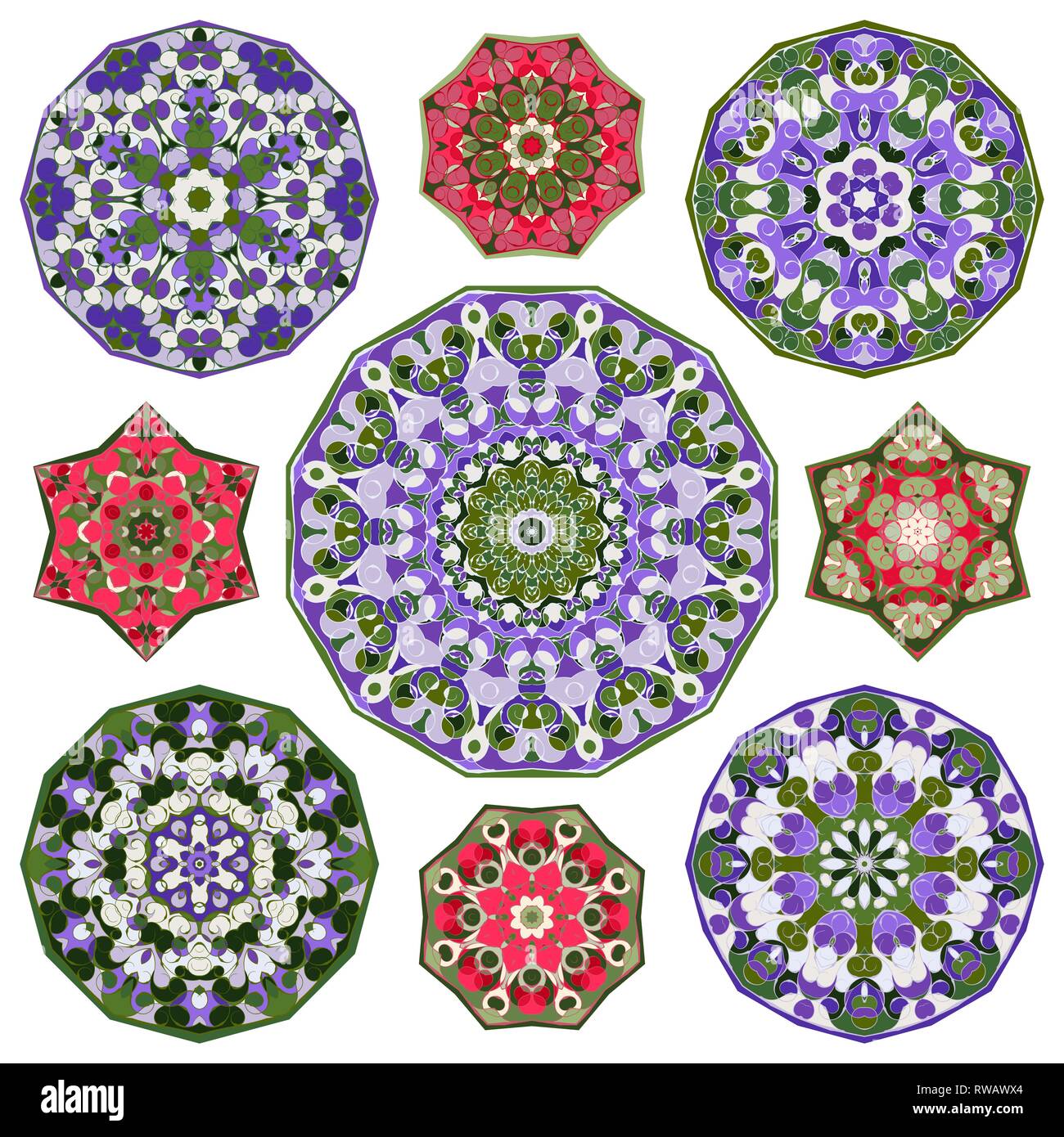 Set of nine abstract circular round colorful mandalas elements ...