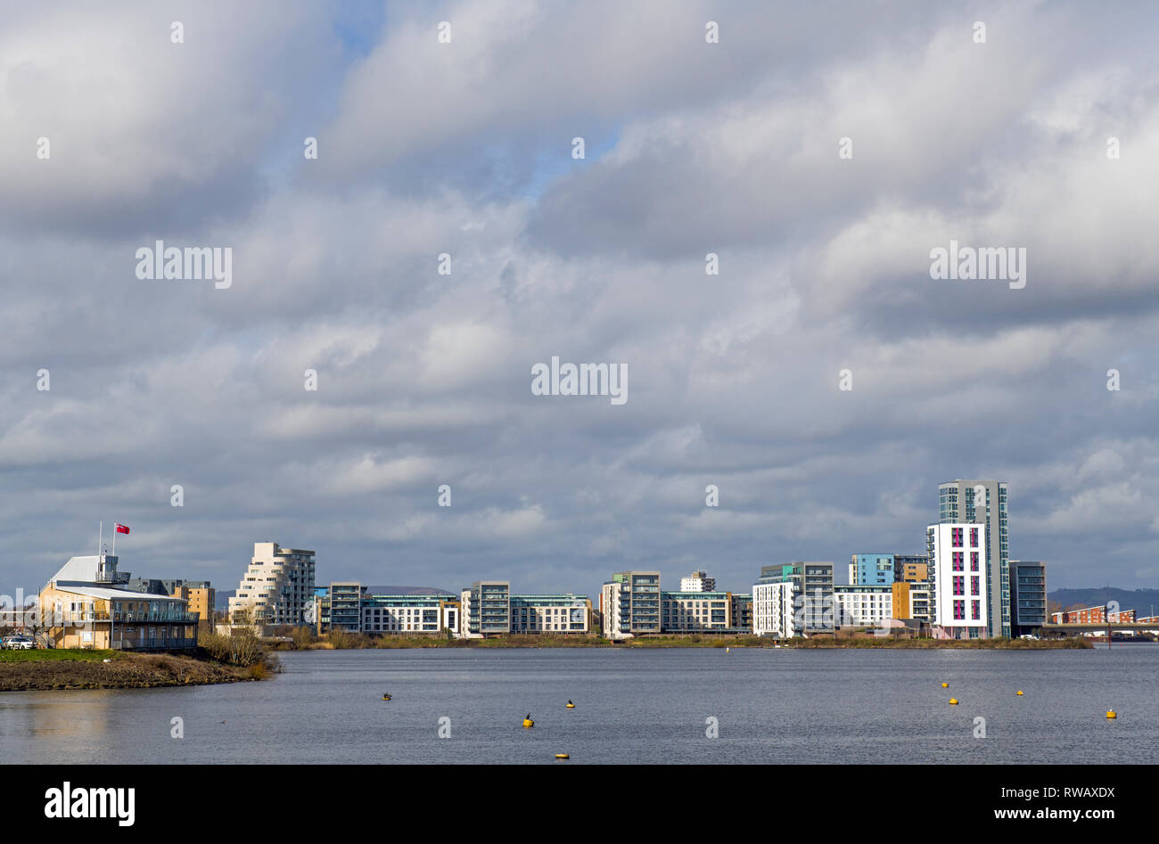 Looking across Cardiff Bay to new apartments and living accommodation  - Cardiff Bay has been the subject of much urban regeneration and it continues. Stock Photo