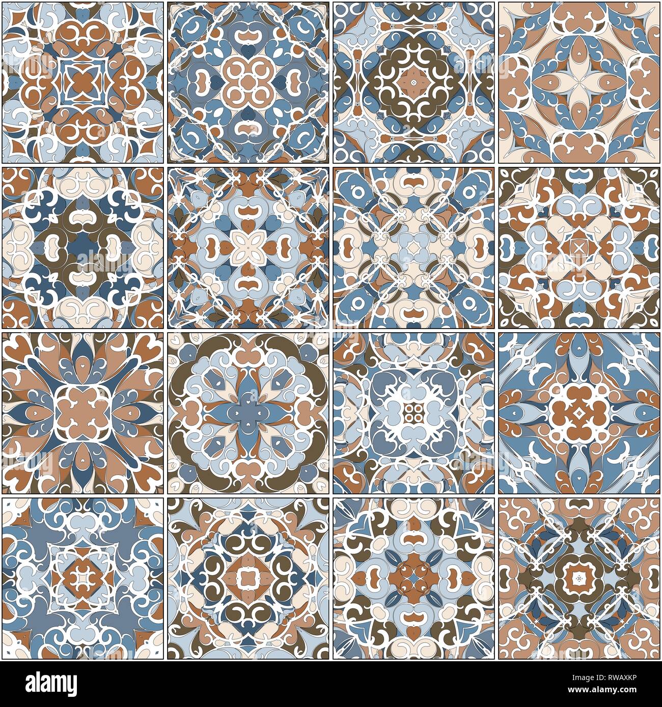 A collection of ceramic tiles in blue and brown retro colors. A set of square patterns in ethnic style. Vector illustration. Stock Vector