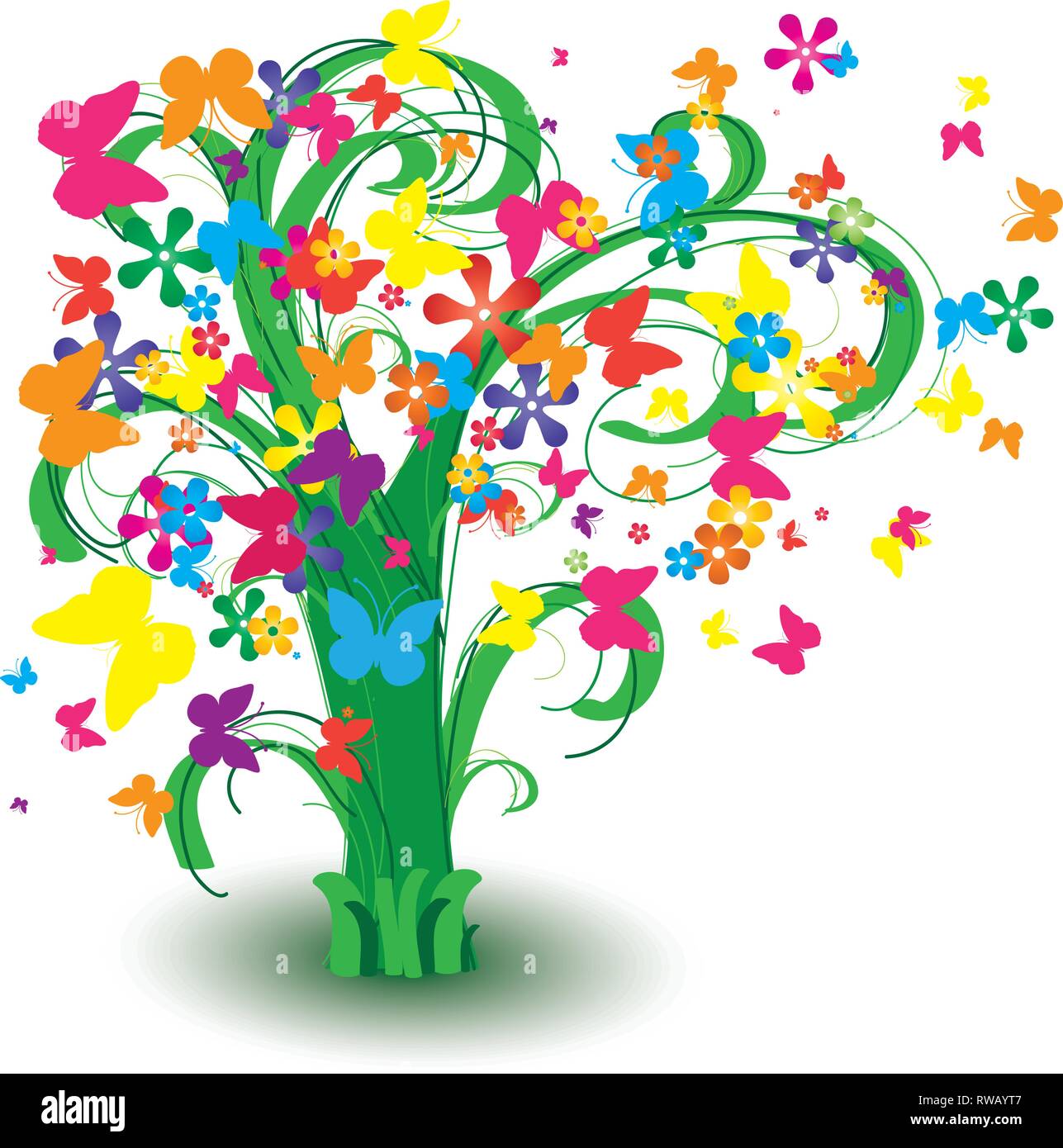 Abstract spring background with green tree and butterflies isolated on ...