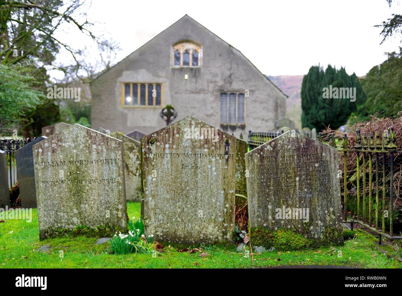 Gravestones of William Wordsworth,Dorothy Wordsworth,John Wordsworth,Fanny Wordsworth,Grasmere,Lake District,Cumbria,England,UK Stock Photo