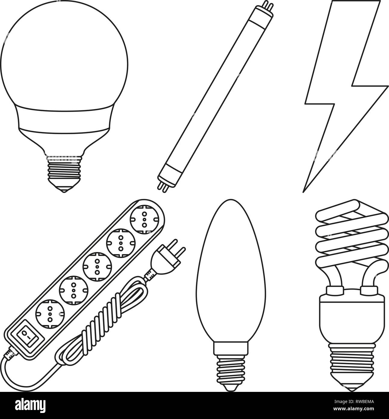 6 line art black and white electric elements set Stock Vector