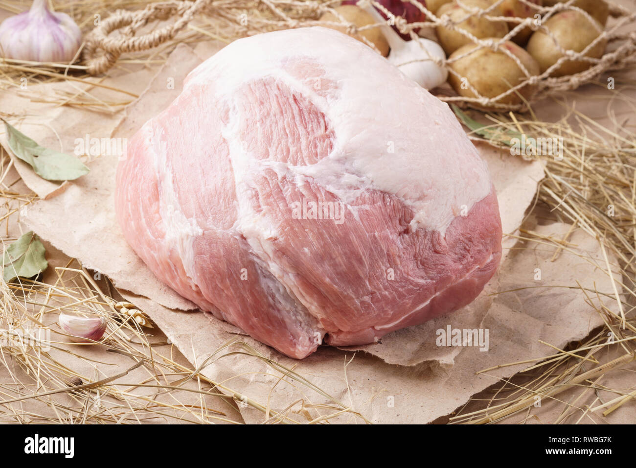 Raw pork meat ham, butt or shoulder. Fresh meat and ingredients