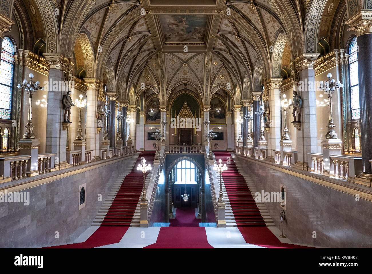 Main Entrance Hall of the Hungarian Parliament Building in Budapest Stock Photo