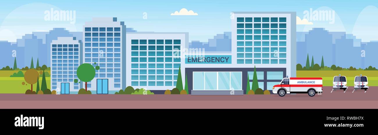 Modern Hospital Building With Ambulance Car Medical Clinic