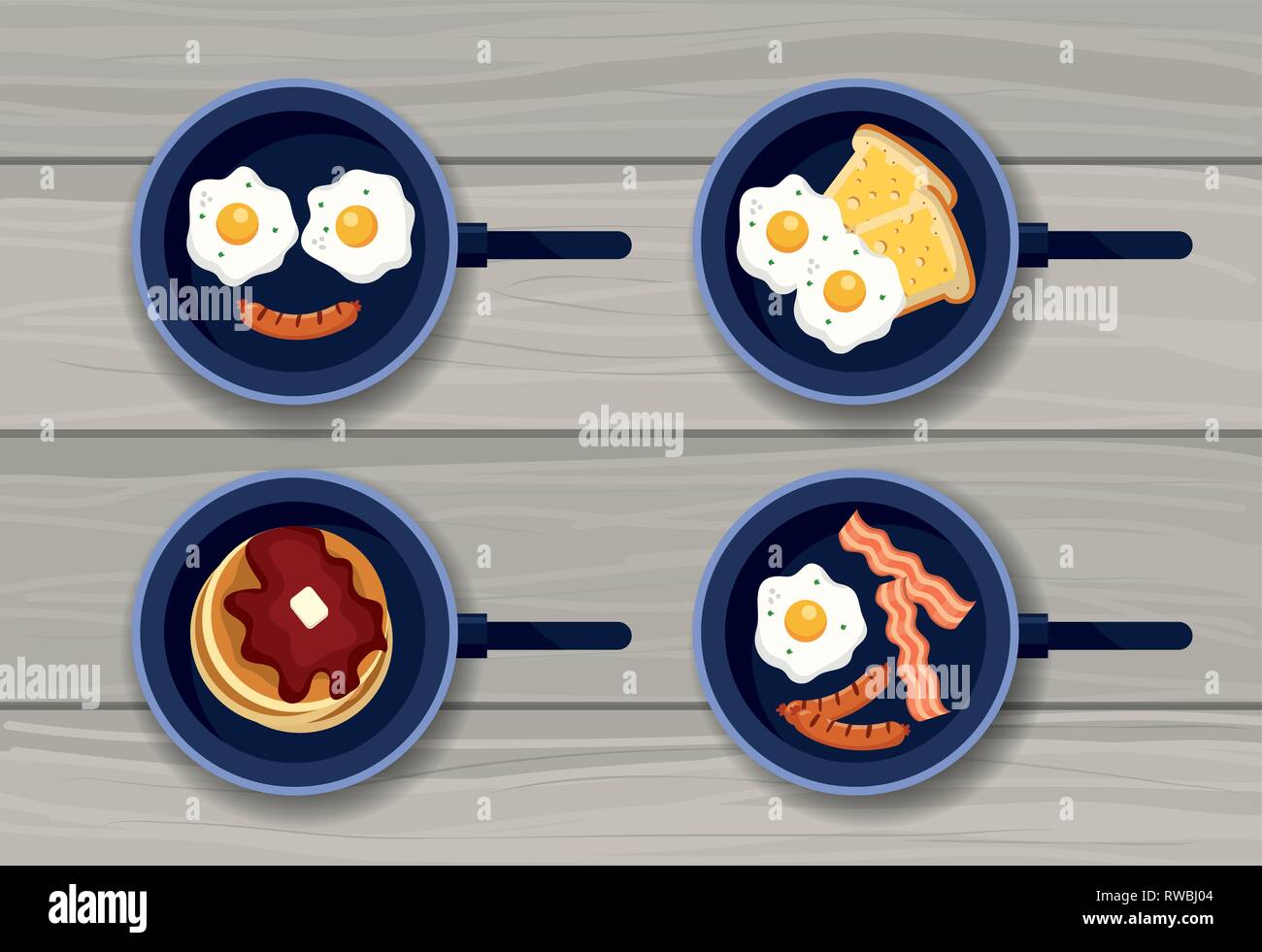 set fried eggs with pancakes and sausages Stock Vector Image & Art Alamy