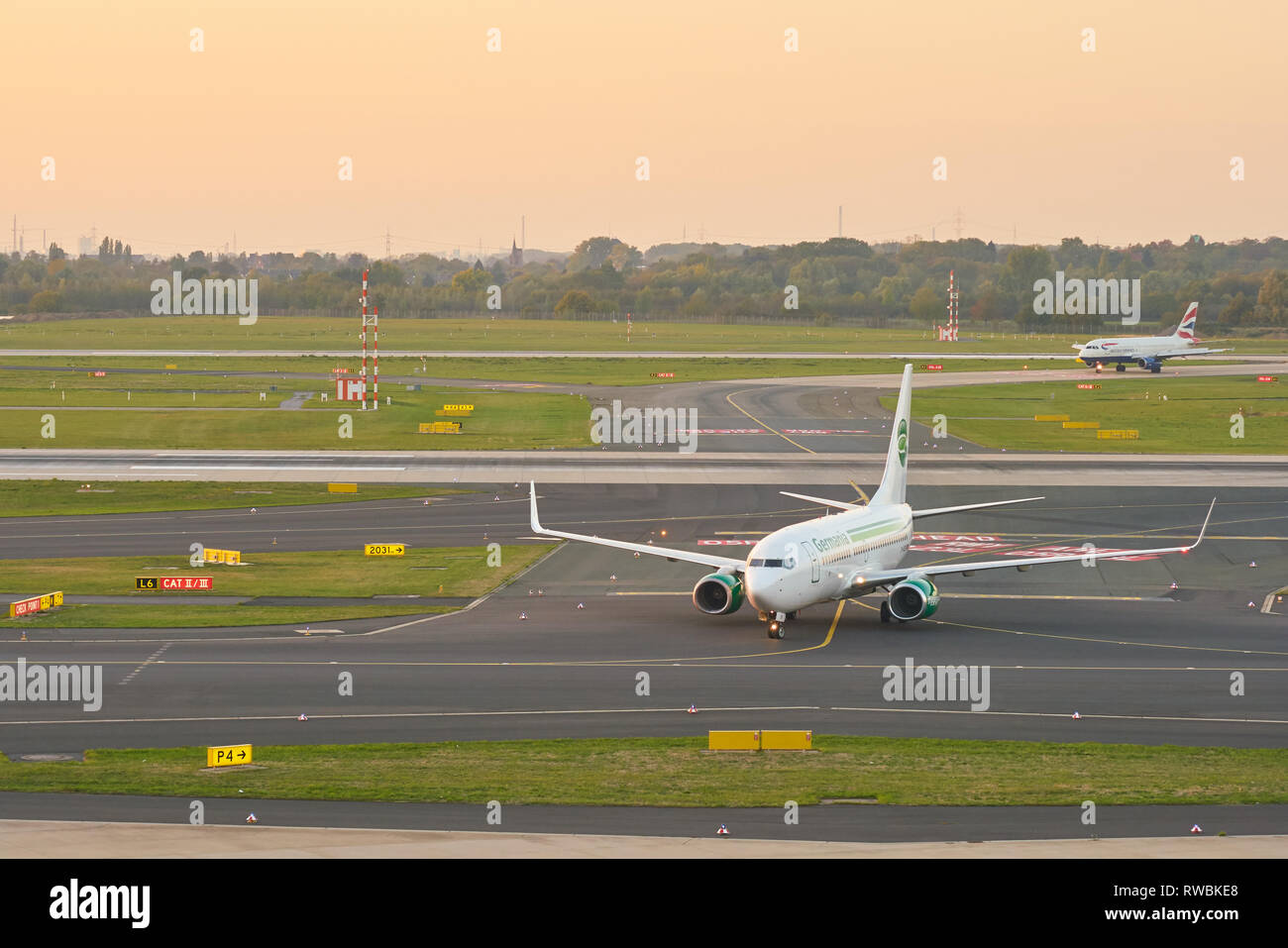 DUSSELDORF, GERMANY - CIRCA OCTOBER, 2018: airplane taxi at Dusseldorf Airport. Stock Photo