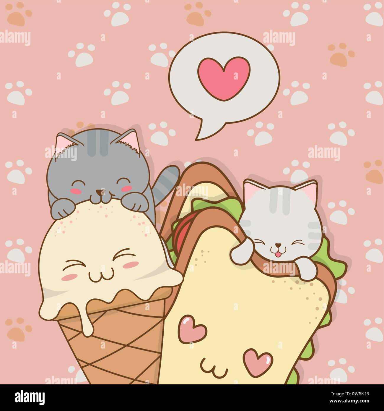 cute little cats with ice cream and sandwich kawaii characters Stock