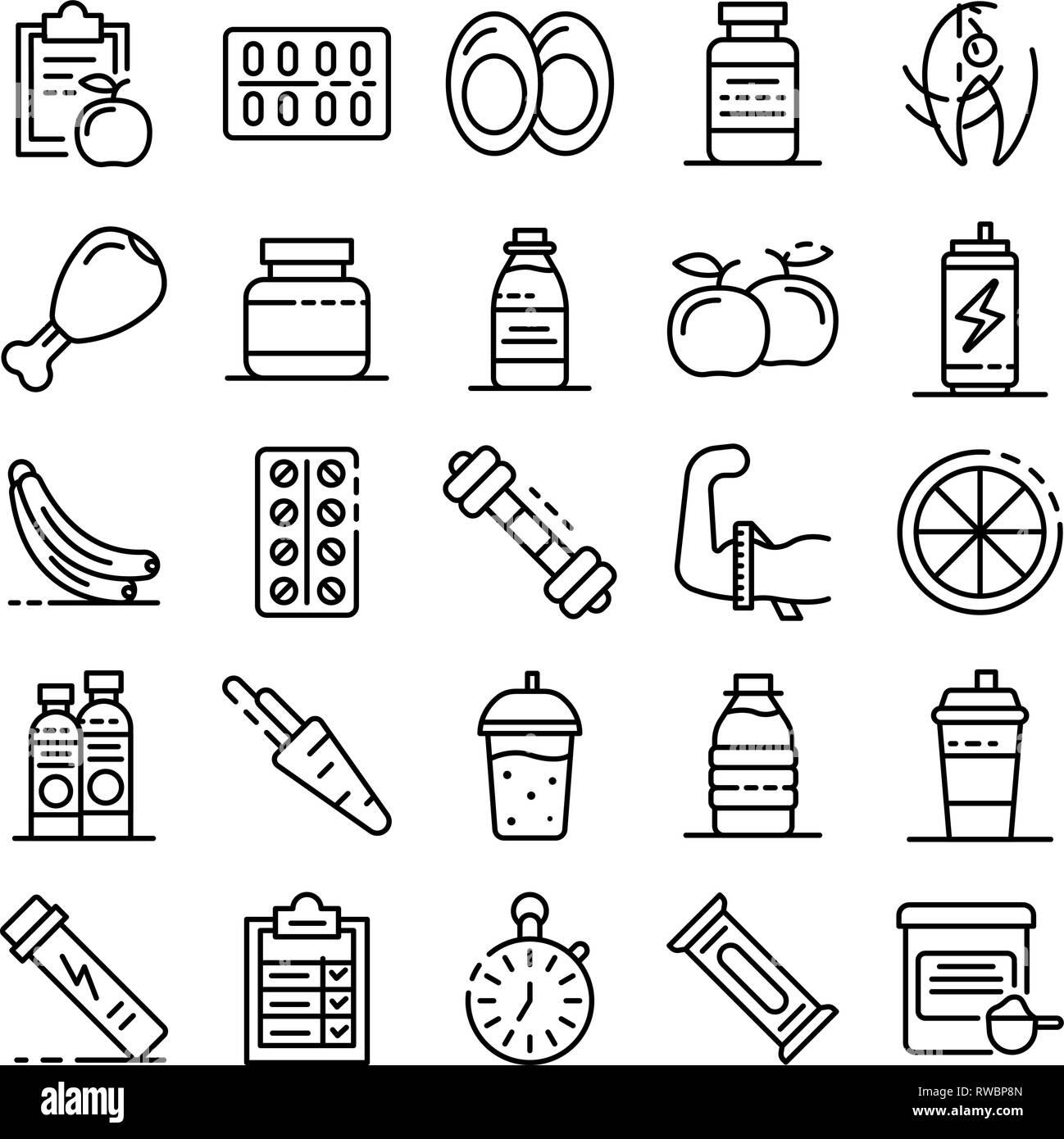 Sport nutrition icons set, outline style Stock Vector