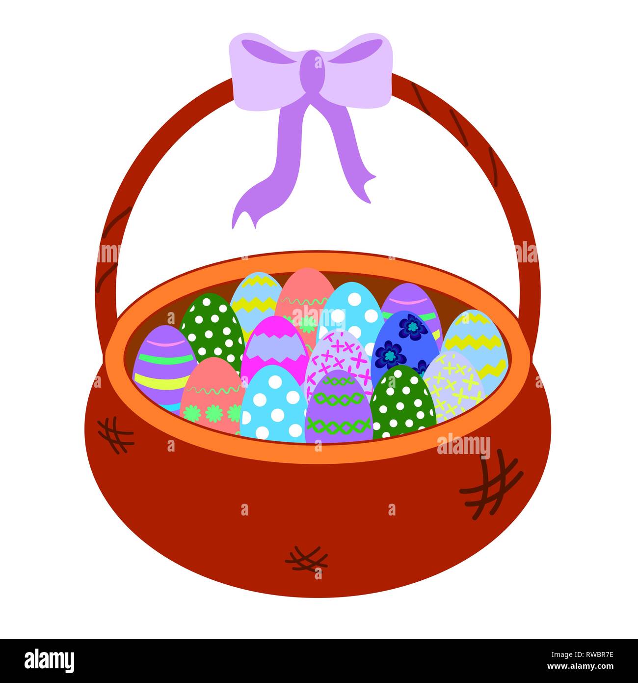 Wicker Brown basket with colorful eggs isolated on white background ...