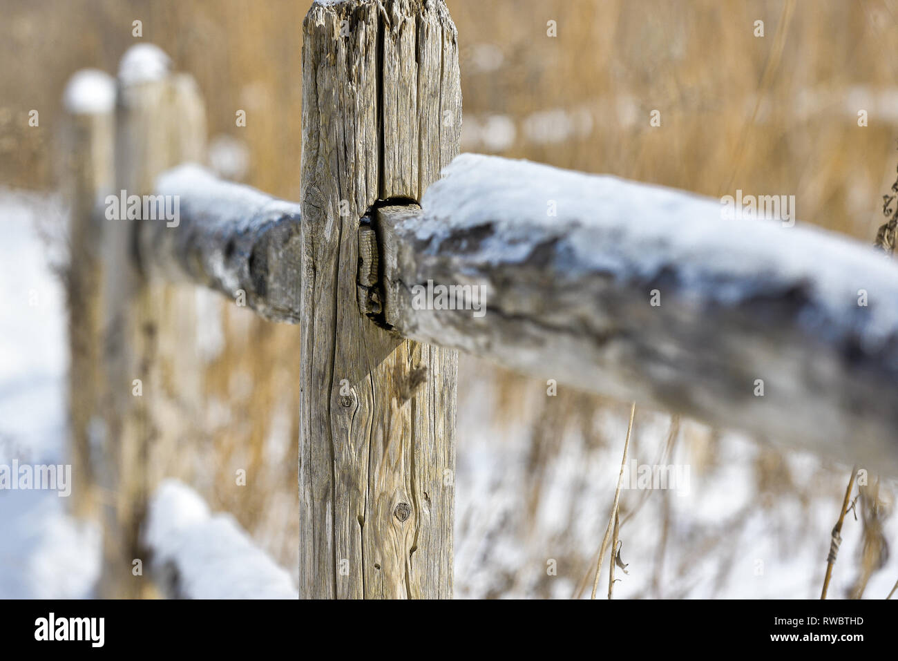 Old wooden fance in a farm snow covered in winter Stock Photo - Alamy