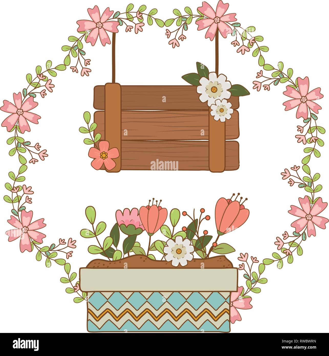 cute flowers and leafs in pot with crown and wooden label Stock Vector ...