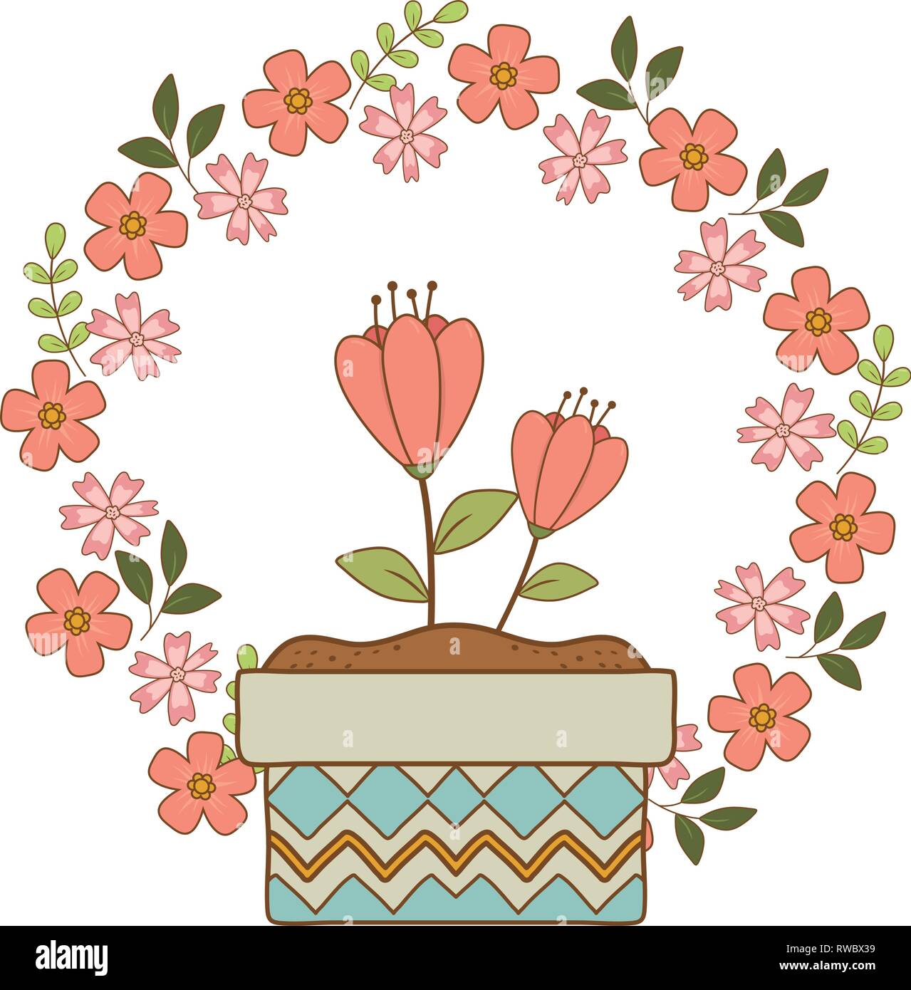cute flowers and leafs in pot with crown Stock Vector Image & Art - Alamy