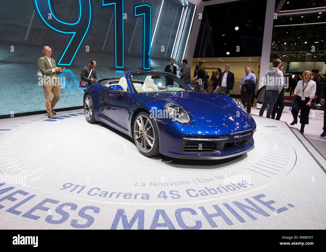 Geneva, Switzerland. 5th Mar, 2019. A Porsche 911 Carrera 4S Cabriolet is seen on the first press day of the 89th Geneva International Motor Show in Geneva, Switzerland, March 5, 2019. Featuring about 220 world exhibitors, the 89th Geneva International Motor Show will be opened to the public from March 7 to 17. Credit: Xu Jinquan/Xinhua/Alamy Live News Stock Photo