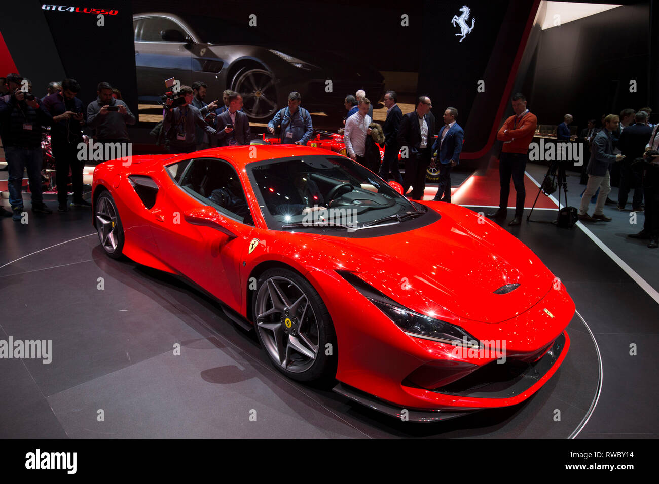 Geneva, Switzerland. 5th Mar, 2019. A new Ferrari F8 Tributo is seen on the first press day of the 89th Geneva International Motor Show in Geneva, Switzerland, March 5, 2019. Featuring about 220 world exhibitors, the 89th Geneva International Motor Show will be opened to the public from March 7 to 17. Credit: Xu Jinquan/Xinhua/Alamy Live News Stock Photo