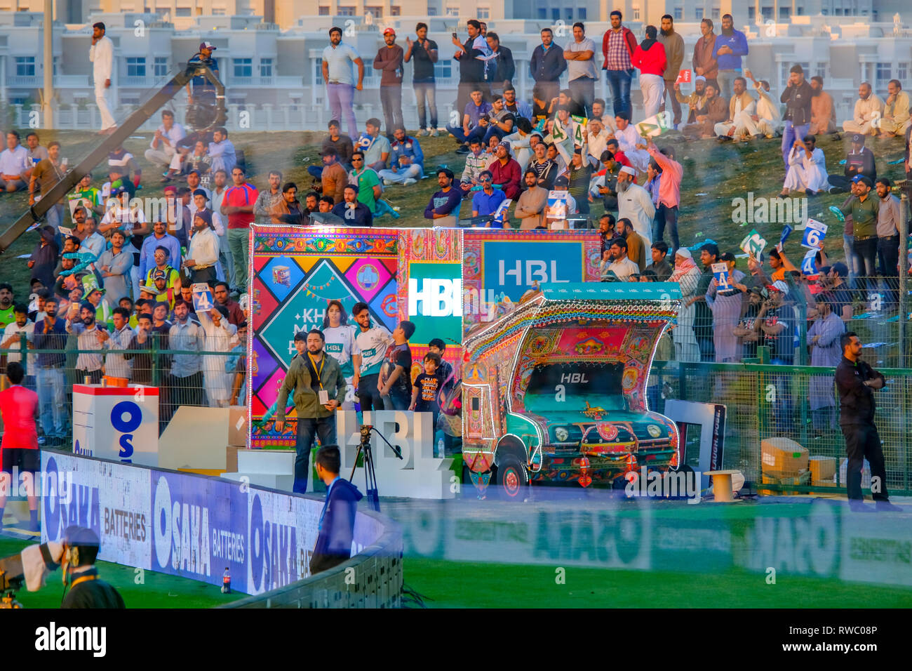 Abu Dhabi, UAE. 5th Mar 2019. Pakistan Super League 2019/ HBL Pakistani Truck art at Sheikh Zayed Cricket Stadium Abu Dhabi. Credit: Fahd Khan/Alamy Live News Stock Photo