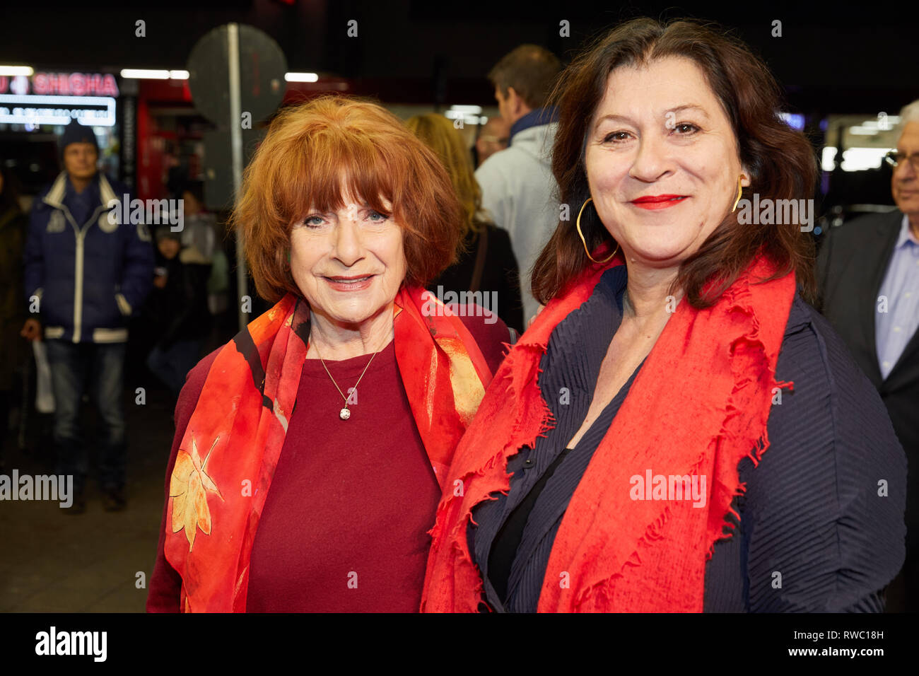 05 March 2019, Hamburg: Hannelor Hoger (l) and Eva Mattes, both actresses, come to the 125th anniversary gala of the Hansa-Variete-Theater. Photo: Georg Wendt/dpa Stock Photo