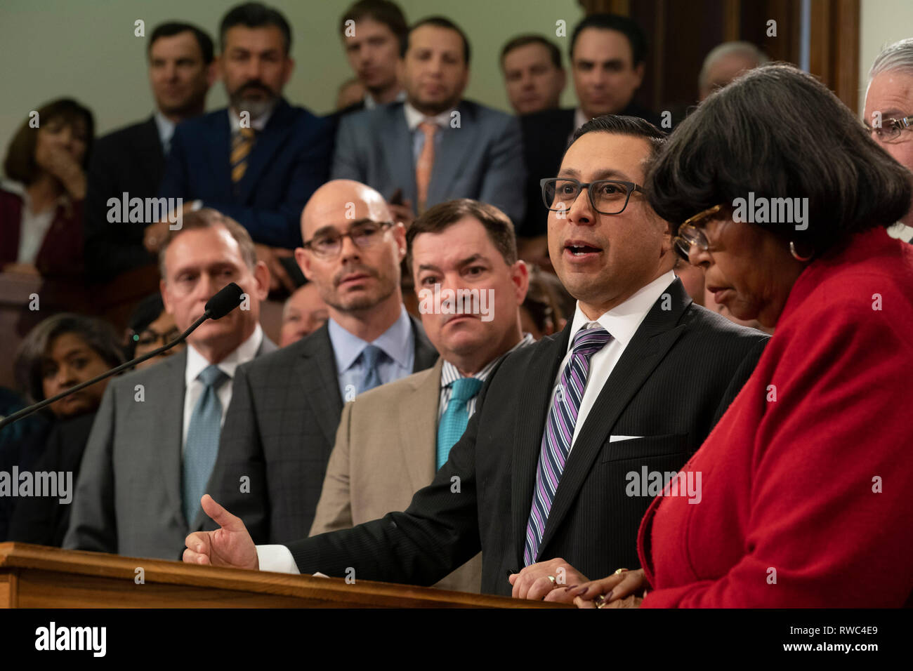 Texas state Rep. Diego Bernal, D-San Antonio, vice-chair of the House Public Education Committee, speaks at a press conference about the House's school finance bill while surrounded by dozens of House members in the Texas Capitol in Austin. Stock Photo