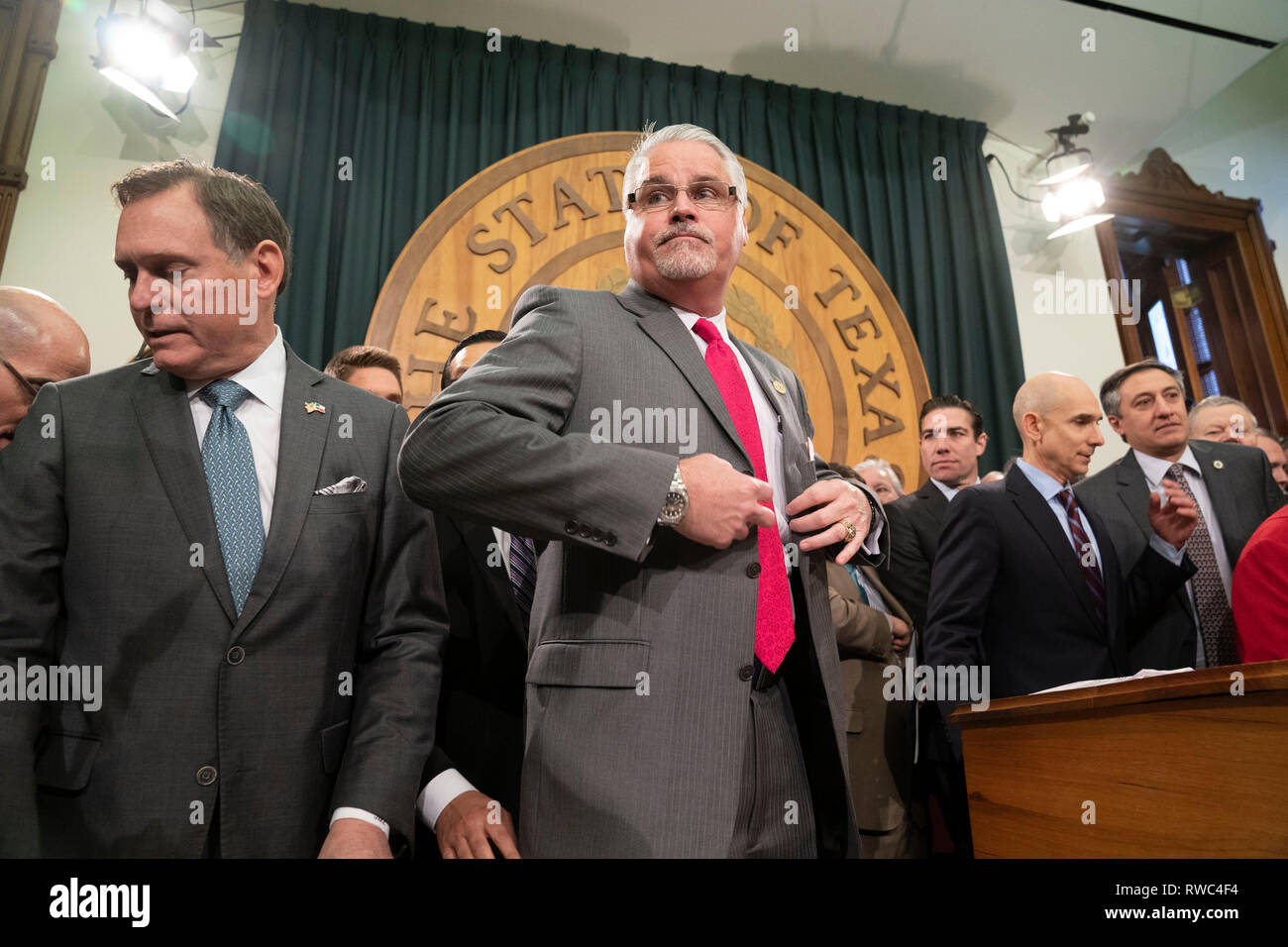 Texas House Public Education Committee Chairman Dan Huberty, R-Houston (center) prepares for a press conference at the Texas Capitol to discuss details of a proposed $9-billion public education spending plan. Rep. John Zerwas, R-Fort Bend, is at Huberty's side. Stock Photo