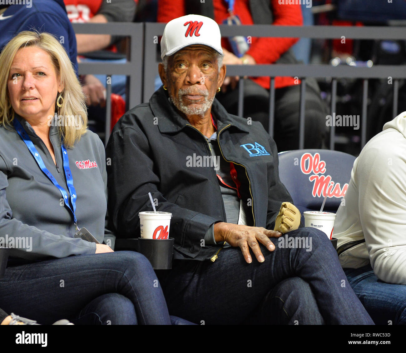 Oxford, MS, USA. 05th Mar, 2019. Actor, producer, and narrator; Morgan Freeman (right) enjoys the NCAA basketball game between the Kentucky Wildcats and the Ole' Miss Rebels at the Pavillion in Oxford, MS. Kentucky defeated Ole' Miss, 80-76. Kevin Langley/Sports South Media/CSM/Alamy Live News Stock Photo