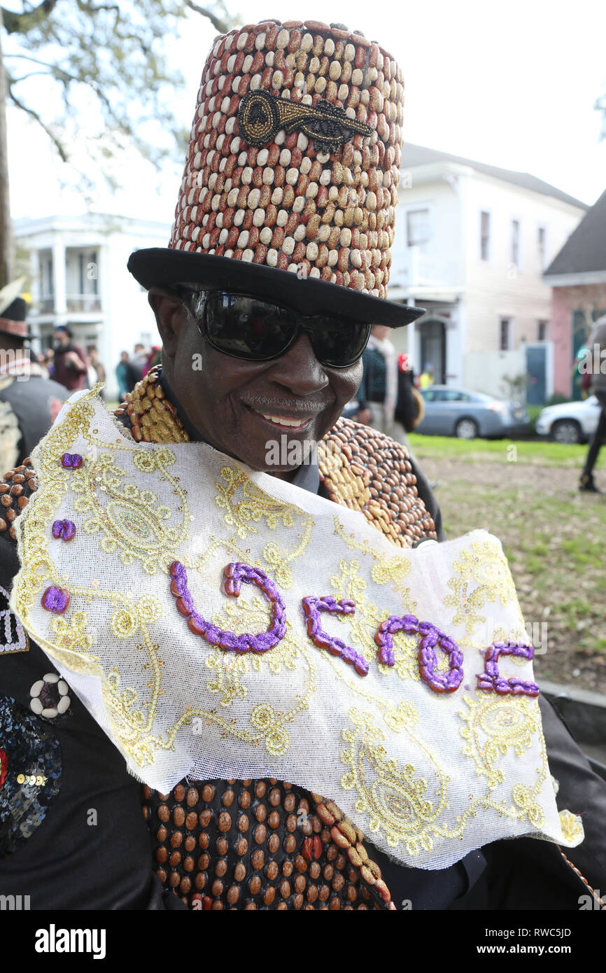 New Orleans, USA. 4th 2019. American singer and piano performer Al 'Carnival Time' Johnson serves as Grand Marshal the of Red Beans parade in the Treme neighborhood during