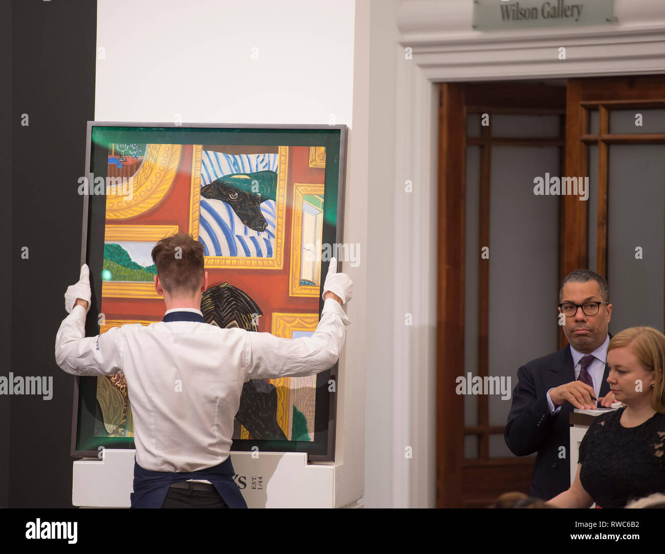 Sotheby’s, New Bond Street, London, UK. 5 March, 2019. In the Contemporary Art evening sale, Toyin Ojih Odutolat’s ‘Selective Histories’ sells for record £250,000. Credit: Malcolm Park/Alamy Live News. Stock Photo