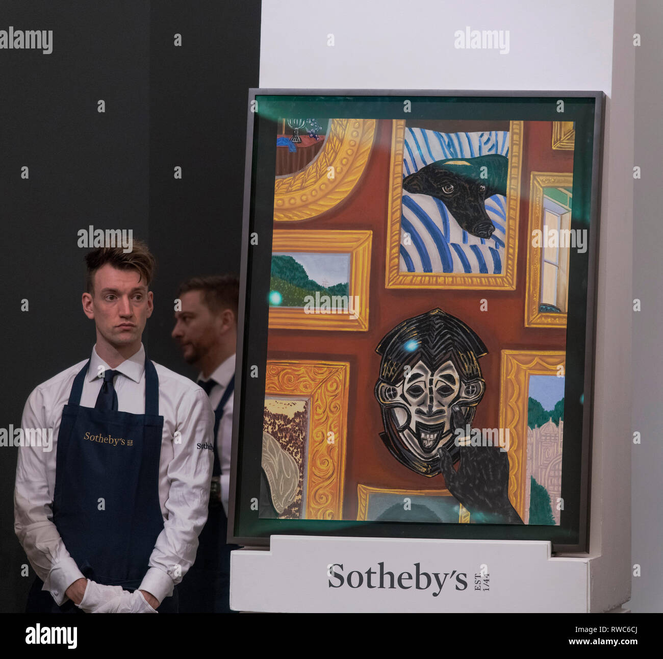 Sotheby’s, New Bond Street, London, UK. 5 March, 2019. In the Contemporary Art evening sale, Toyin Ojih Odutolat’s ‘Selective Histories’ sells for record £250,000. Credit: Malcolm Park/Alamy Live News. Stock Photo