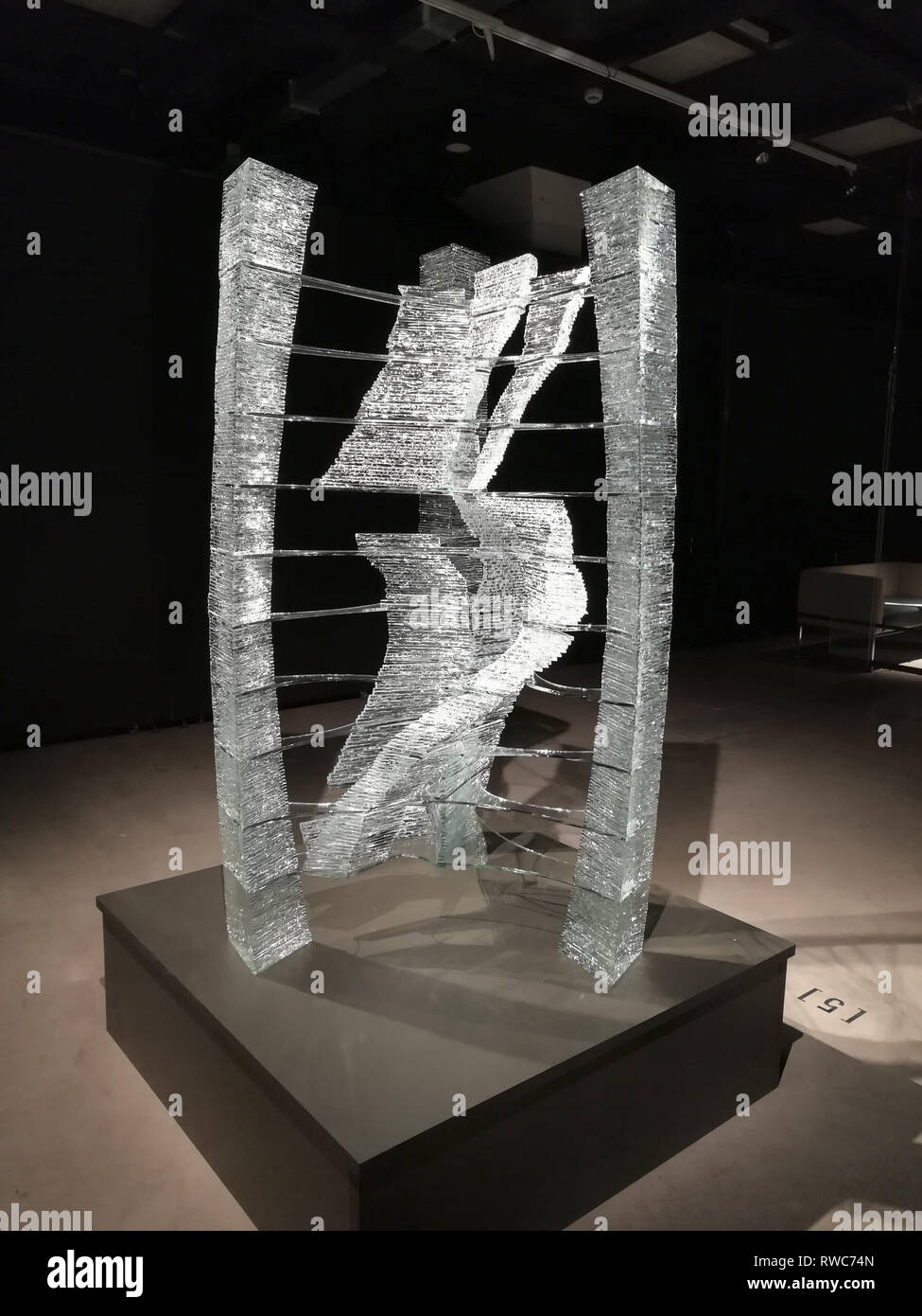 Riga / Latvia - March 05 2019: Glass sculptor’s Ernest Vitin’s solo exhibition “WITHIN THE GLASS LABYRINTH” will be presented in Riga Art Space exhibition hall from February 1 to March 17, 2019. This unique monumental glass installation will showcase an interaction of a variety of glass expressions – from a headstone to a labyrinth made of glass. “Gaiss” (Aere) sculpture on the exhibition. Credit: Svetlana K/Alamy Live News Stock Photo