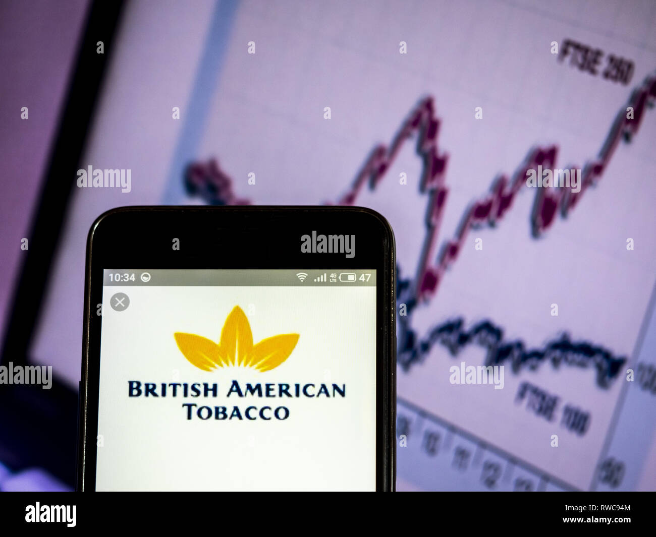 Ukraine. 6th Mar, 2019. British American Tobacco company logo seen displayed on a smart phone. Credit: Igor Golovniov/SOPA Images/ZUMA Wire/Alamy Live News Stock Photo