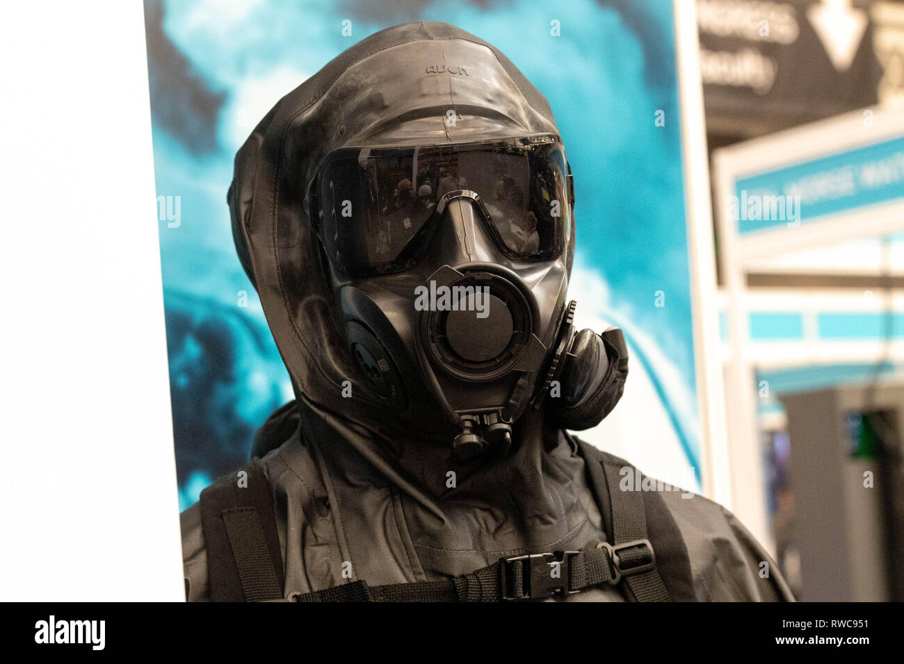 London 6th March 2019 Security and Counter Terror Expo 2019 at Olympia London, respirator for chemical, Nuclear and Biological attack protection Credit: Ian Davidson/Alamy Live News Stock Photo