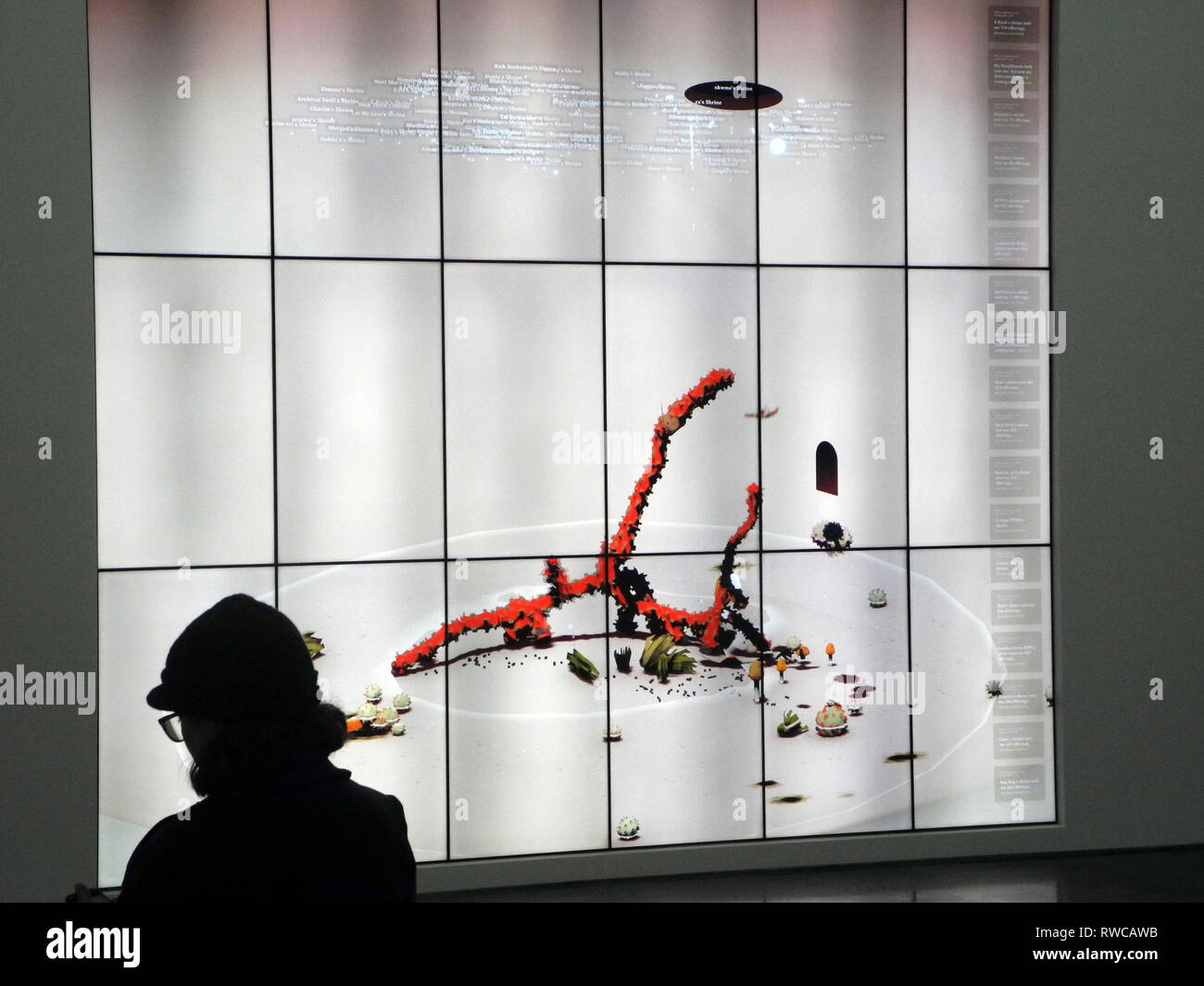 New York, USA. 08th Feb, 2018. The work 'BOB' (Bag of Beliefs) by US artist Ian Cheng, in which an artificial intelligence comes to life as a digital worm, can be seen at the Gladstone Gallery. Visitors can use a special smartphone app to influence the behaviour of the somewhat eerie-looking creature and watch the red worm react to the various stimuli in real time. (to dpa 'Artificial Life Form: Digital Worm Awakes in US Gallery') Credit: Johannes Schmitt-Tegge/dpa/Alamy Live News Stock Photo