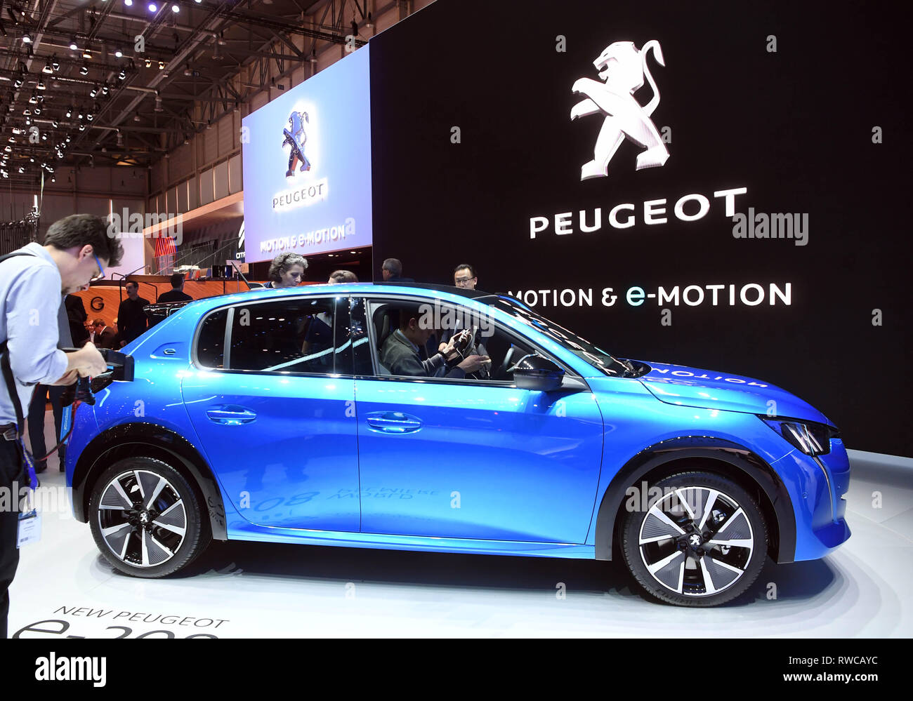 Genf, Switzerland. 06th Mar, 2019. At the Geneva Motor Show, the  electrically powered Peugeot e-208 will be presented on the second press  day. The French carmaker Peugeot intends to offer every model