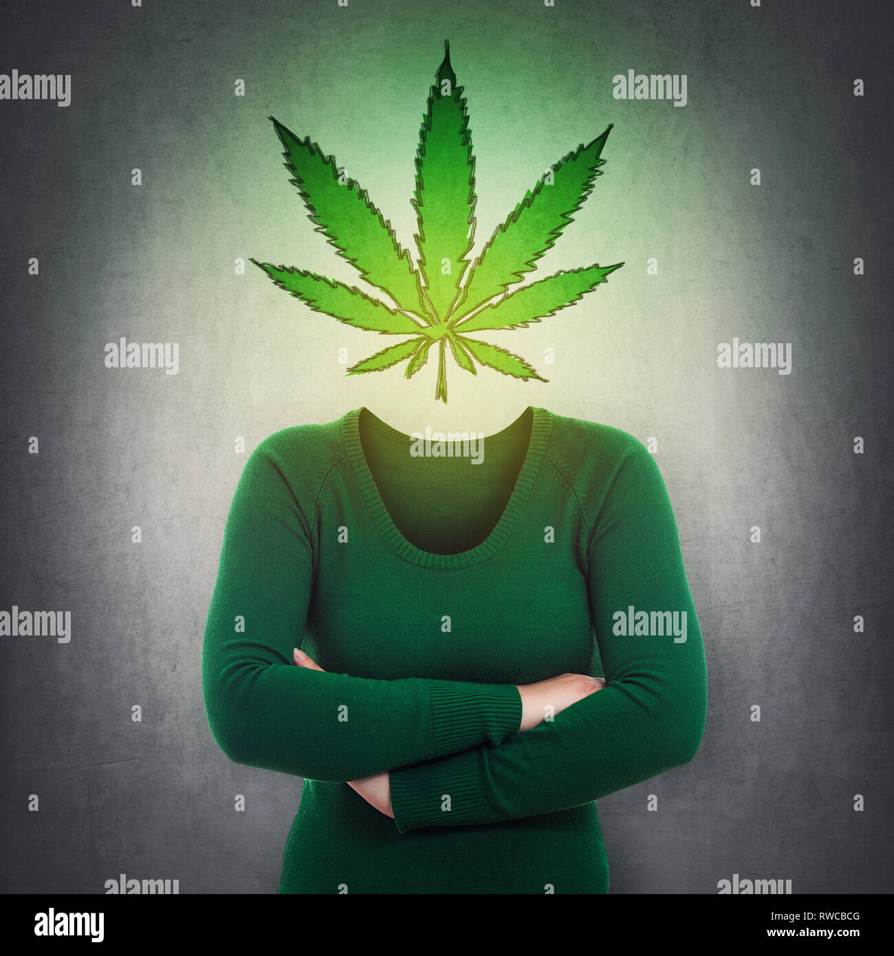 Surreal portrait anonymous woman with marijuana leaf symbol instead head over grey wall. Cannabis legalization as medical drug. CBD healing social iss Stock Photo