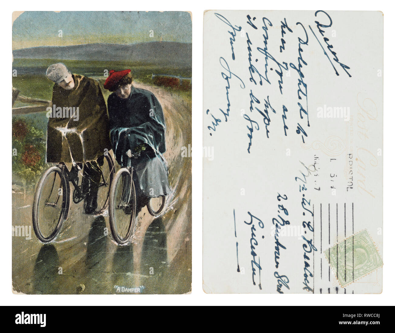 Edwardian postcard of two wet cyclists ‘A Damper’ sent from Bristol to Leicester Stock Photo