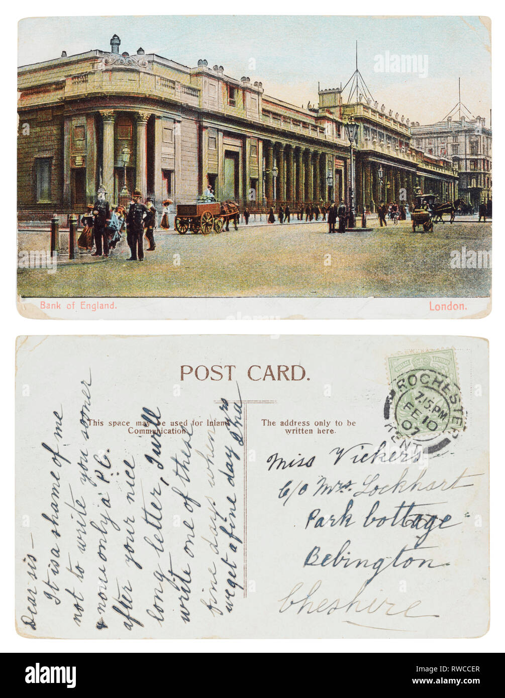 Postcard of the Bank of England sent from Rochester to Bebington, Cheshire in 1907 Stock Photo