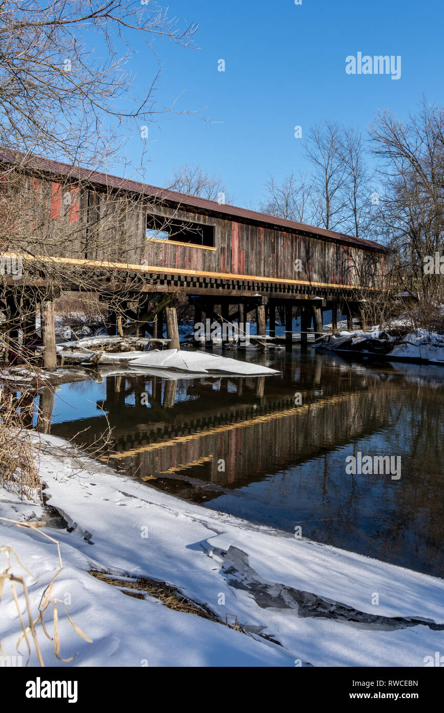 The Clarence covered bridge in Decatur, Wisconsin, on a cold winters
