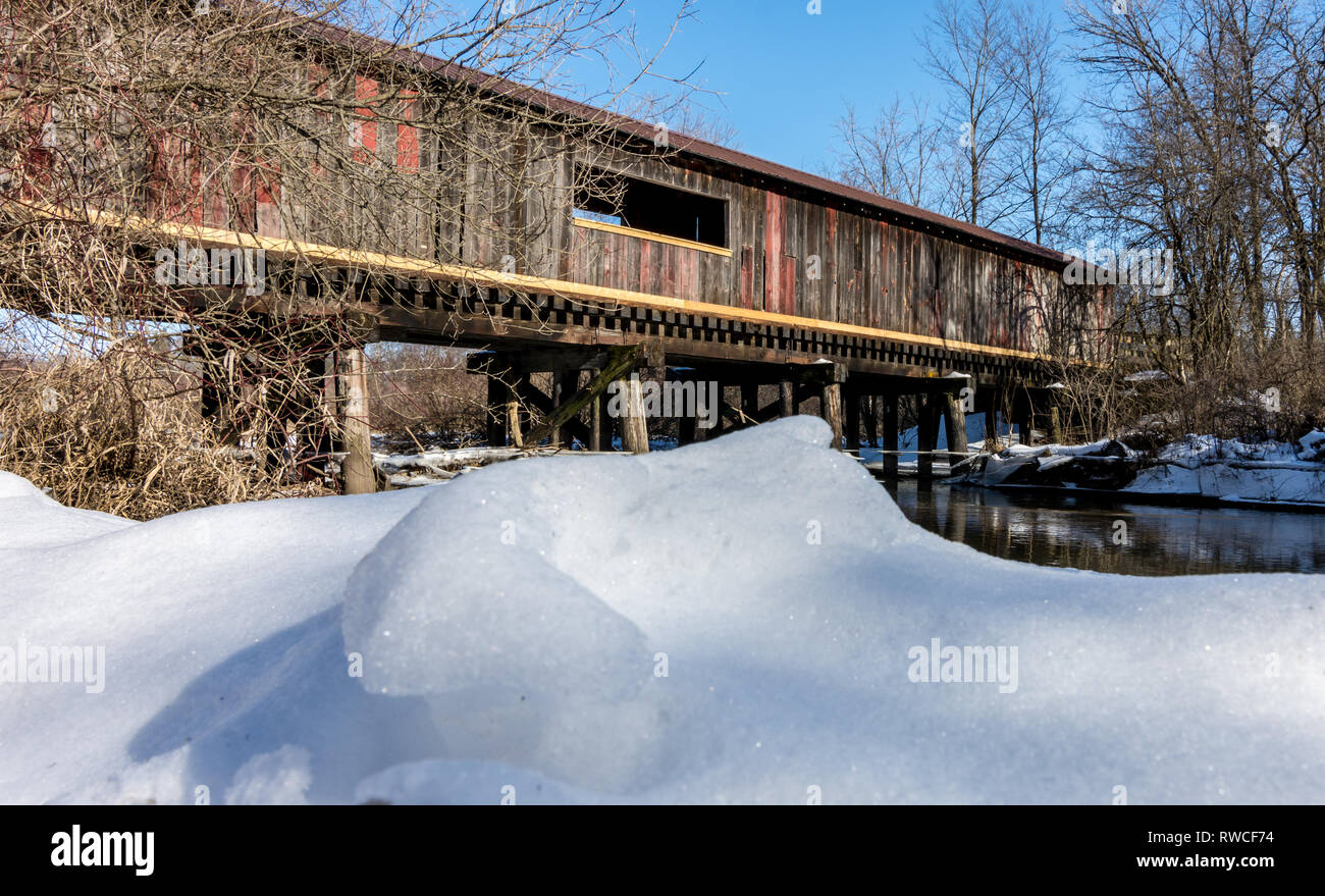 The Clarence covered bridge in Decatur, Wisconsin, on a cold winters