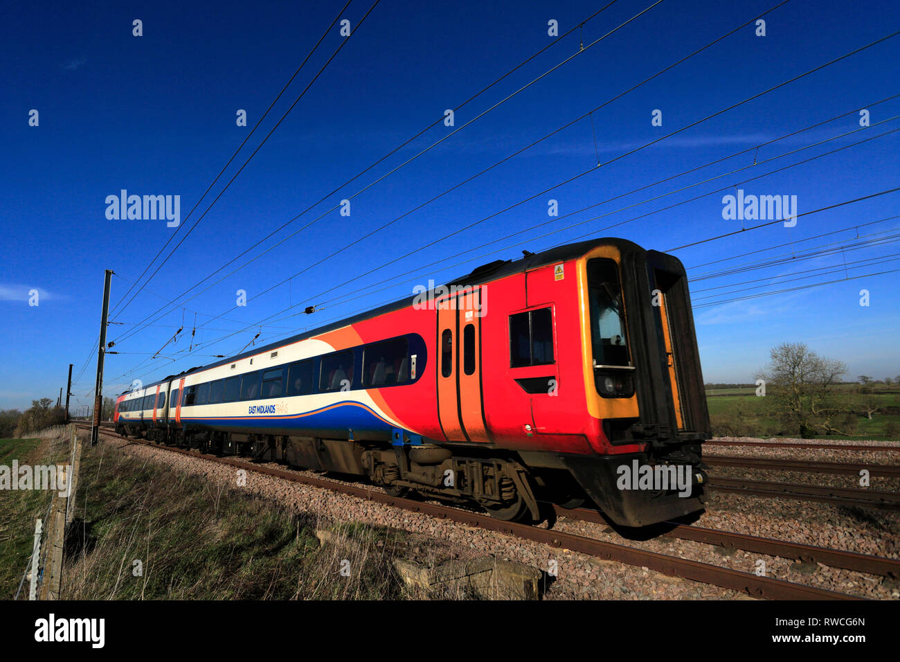 East Midlands trains 158 East Coast Main Line Railway, Peterborough, Cambridgeshire, England, UK Stock Photo