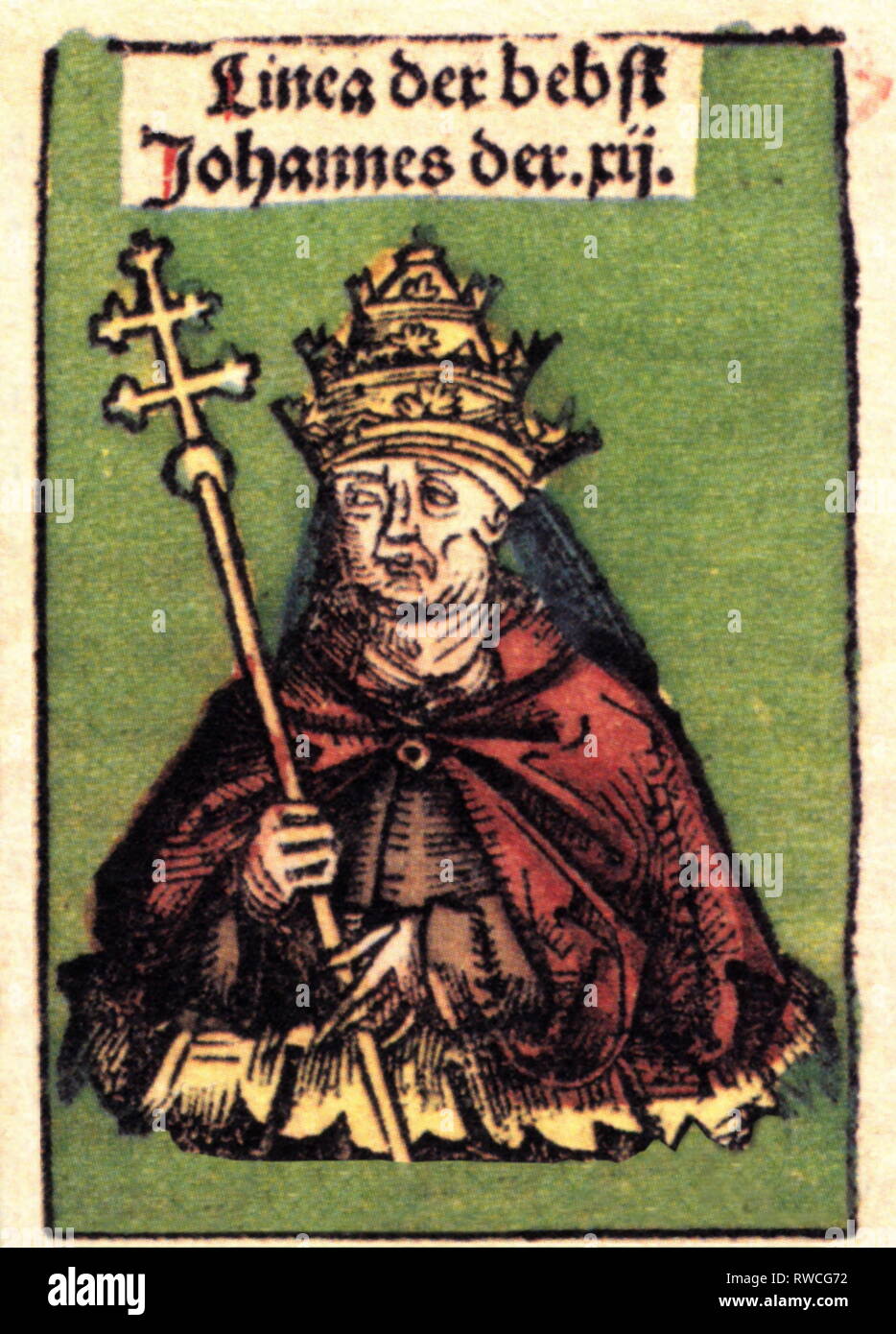 John XII (Octavian of Spoleto), 937 - 14.5.964, Pope 16.12.955 - 14.5.963, half-length, woodcut by Michael Wolgemut or Wilhelm Pleydenwurff to the chronicle of Hartmann Schedel, Nuremberg, 1493, Artist's Copyright has not to be cleared Stock Photo