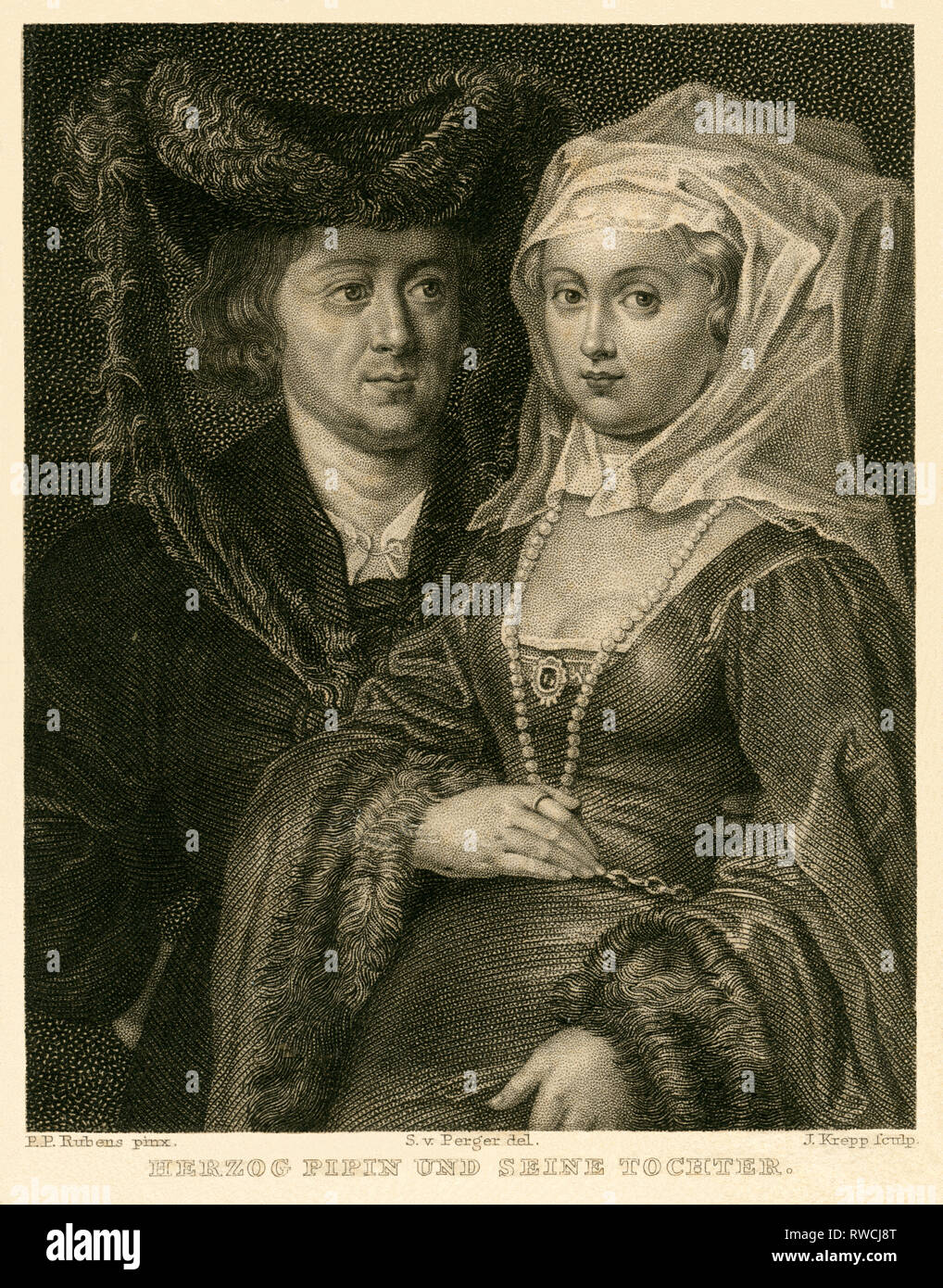 Duke Pepin of Brabant and his daughter, steel engraving, painted by P. P. Rubens, drawing by Perger, engraving by Krepp  around 1840th., Artist's Copyright has not to be cleared Stock Photo